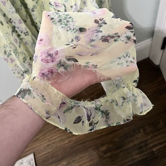 $598 Mac Duggal Size 12 Floral Chiffon Tiered Ruffle Puff Sleeve Gown - See flaw - Picture 6 of 7